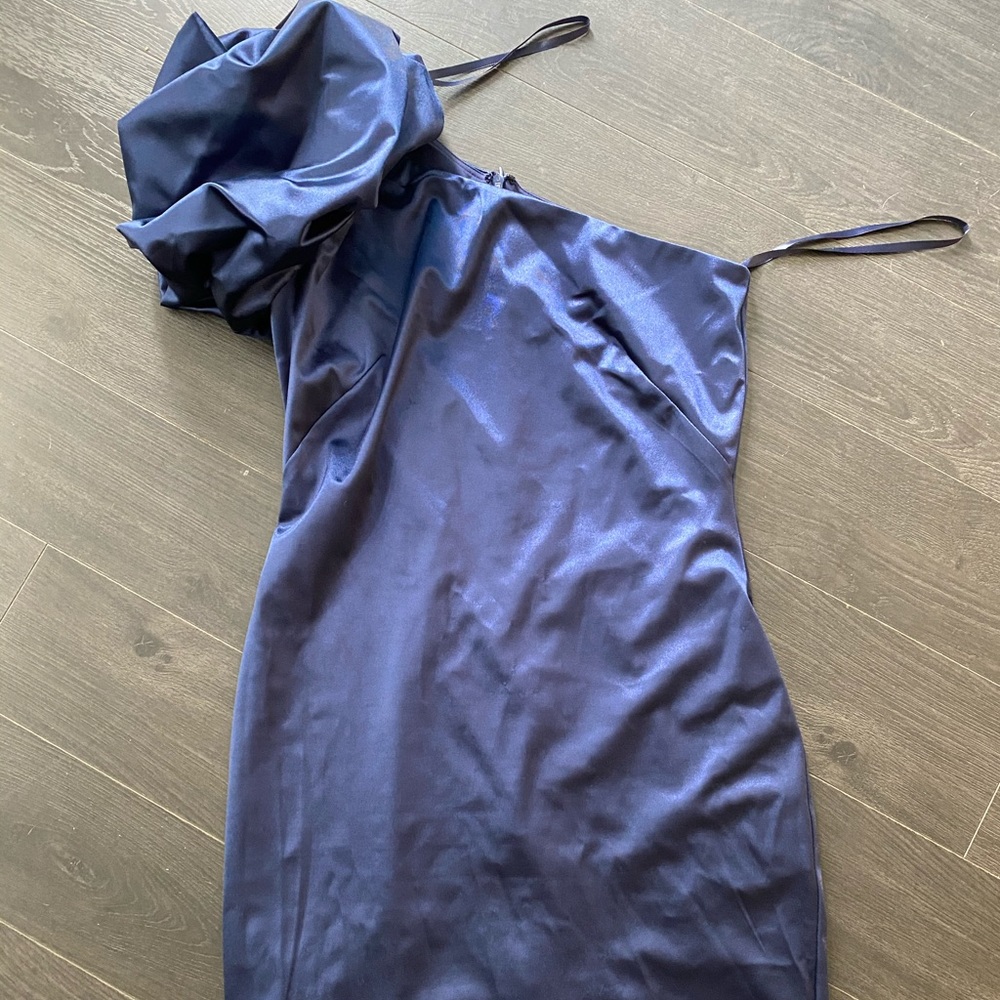 One Shoulder Blue Satin Dress